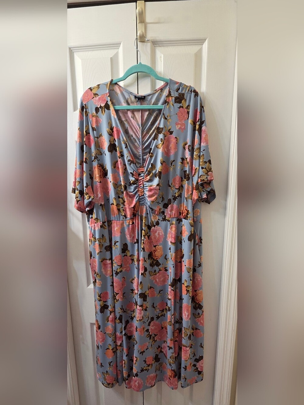 Torrid Light Blue Floral Ruched V-Neck Dress with Pink Roses